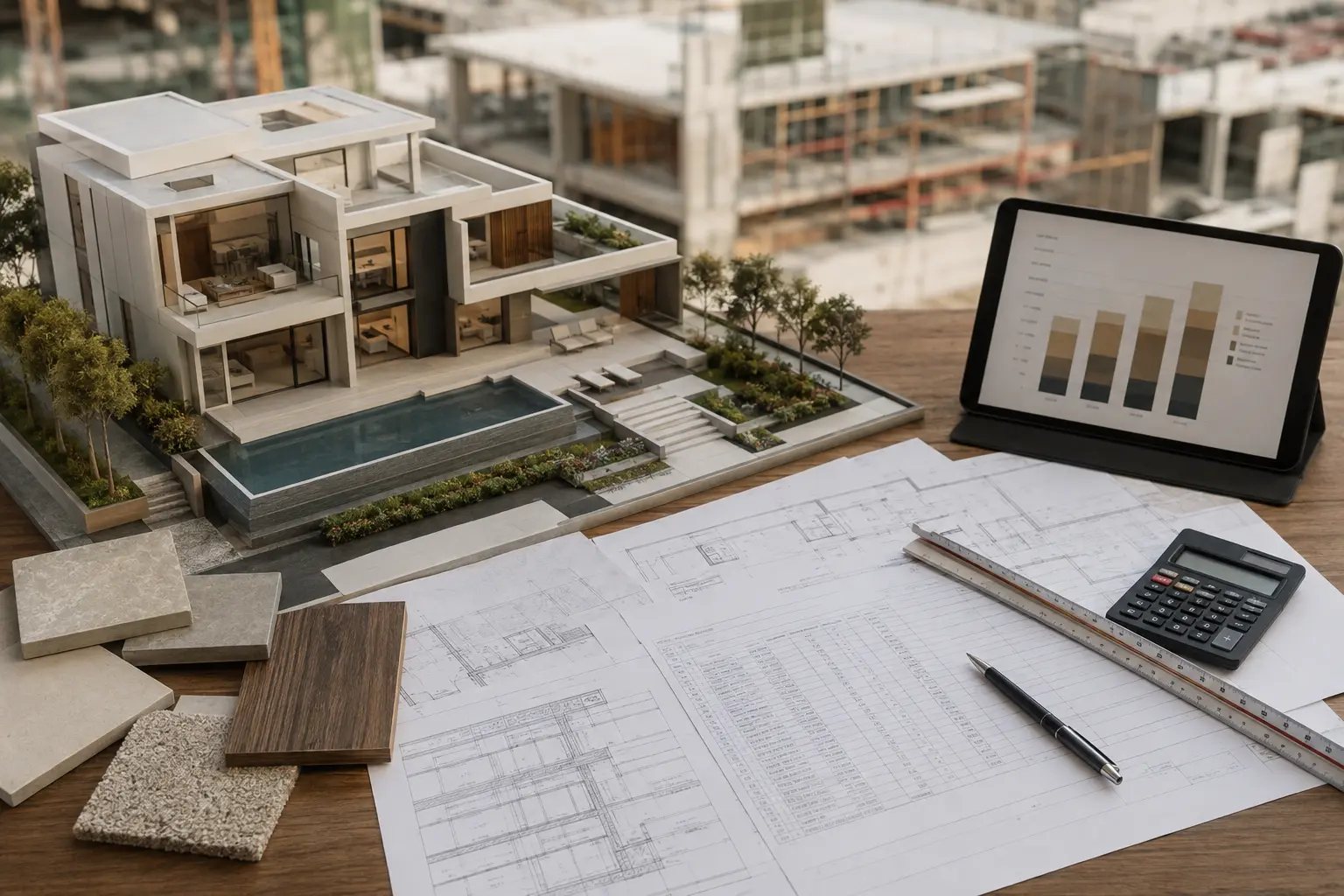 Villa model, drawings, calculator and cost-planning materials on a project table