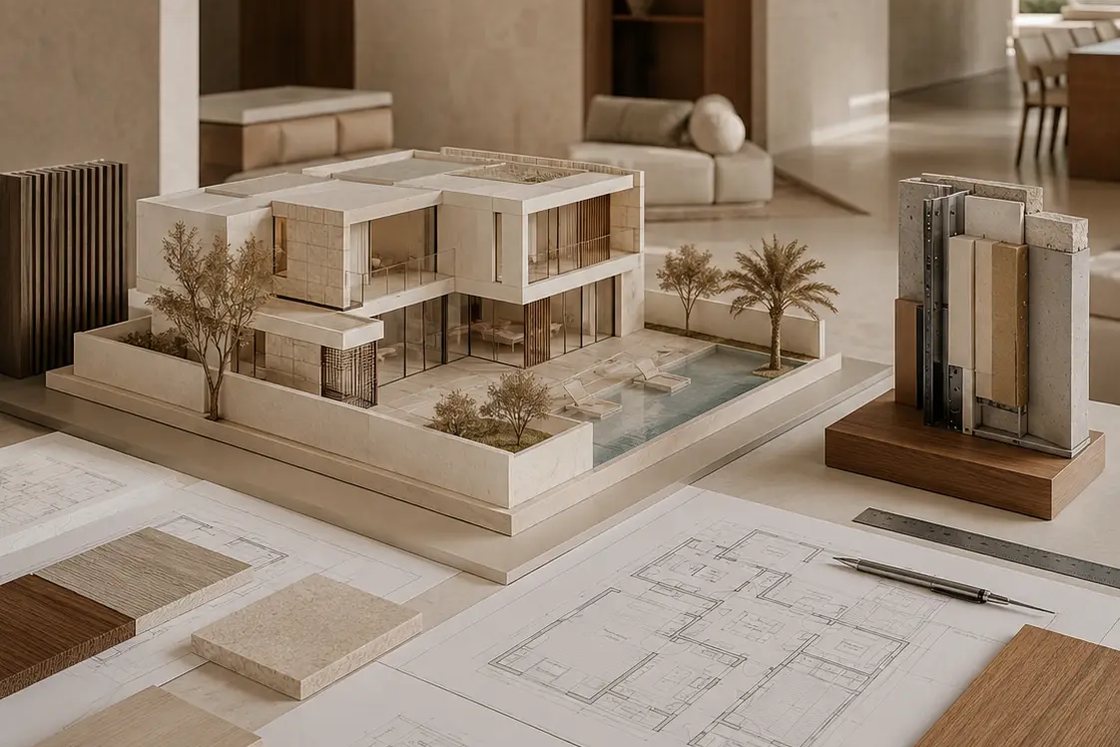 Villa model, drawings and samples laid out during a project brief review