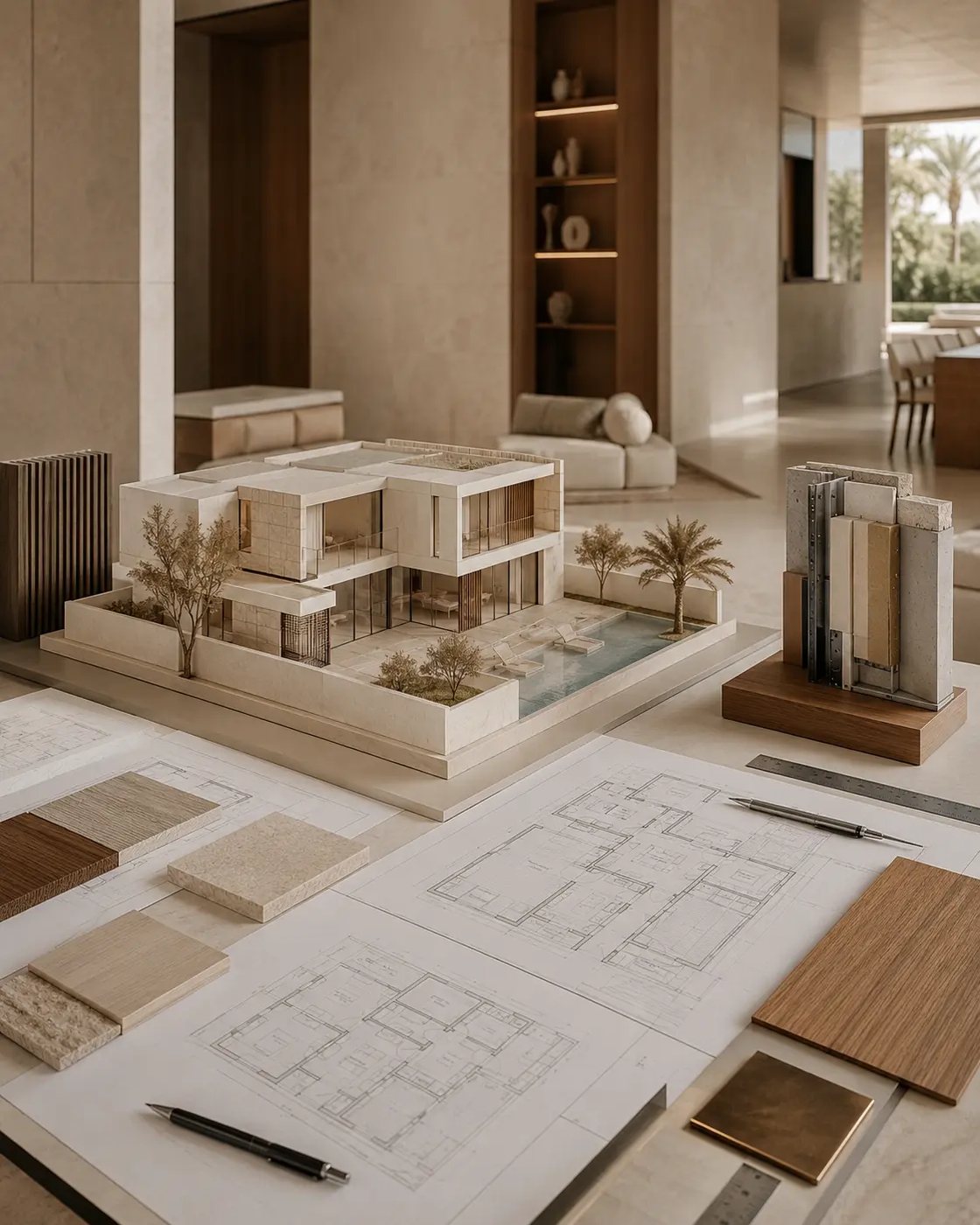 Architectural villa model, technical drawings and finish samples for integrated design and build